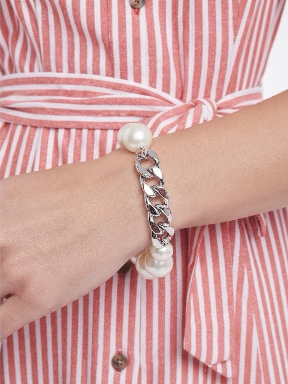 Chunky White Faux Pearl Chain Bracelet | Silver-Tone Curb Link Statement Jewelry